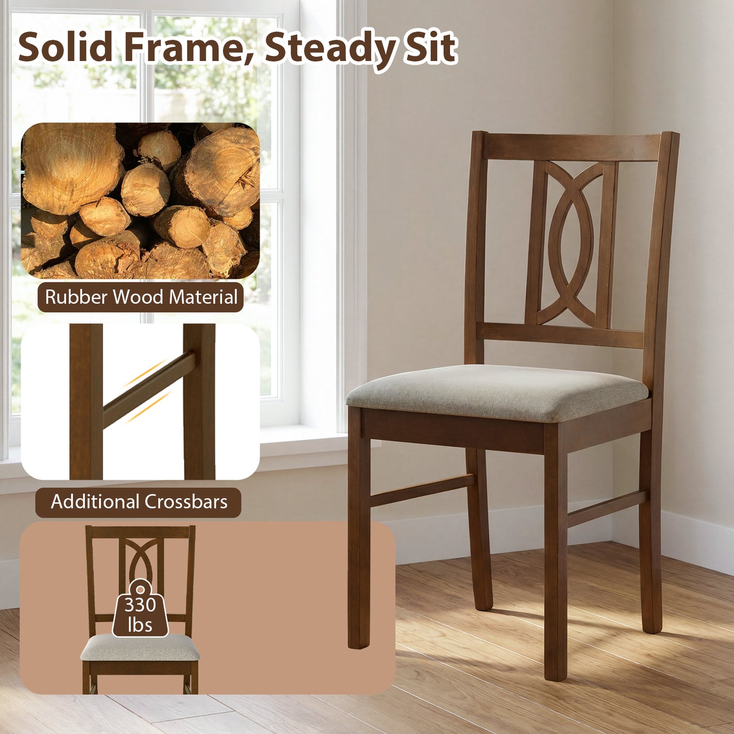 Rubber Wood Dining Chairs Set of 2 with Hollowed Backrest
