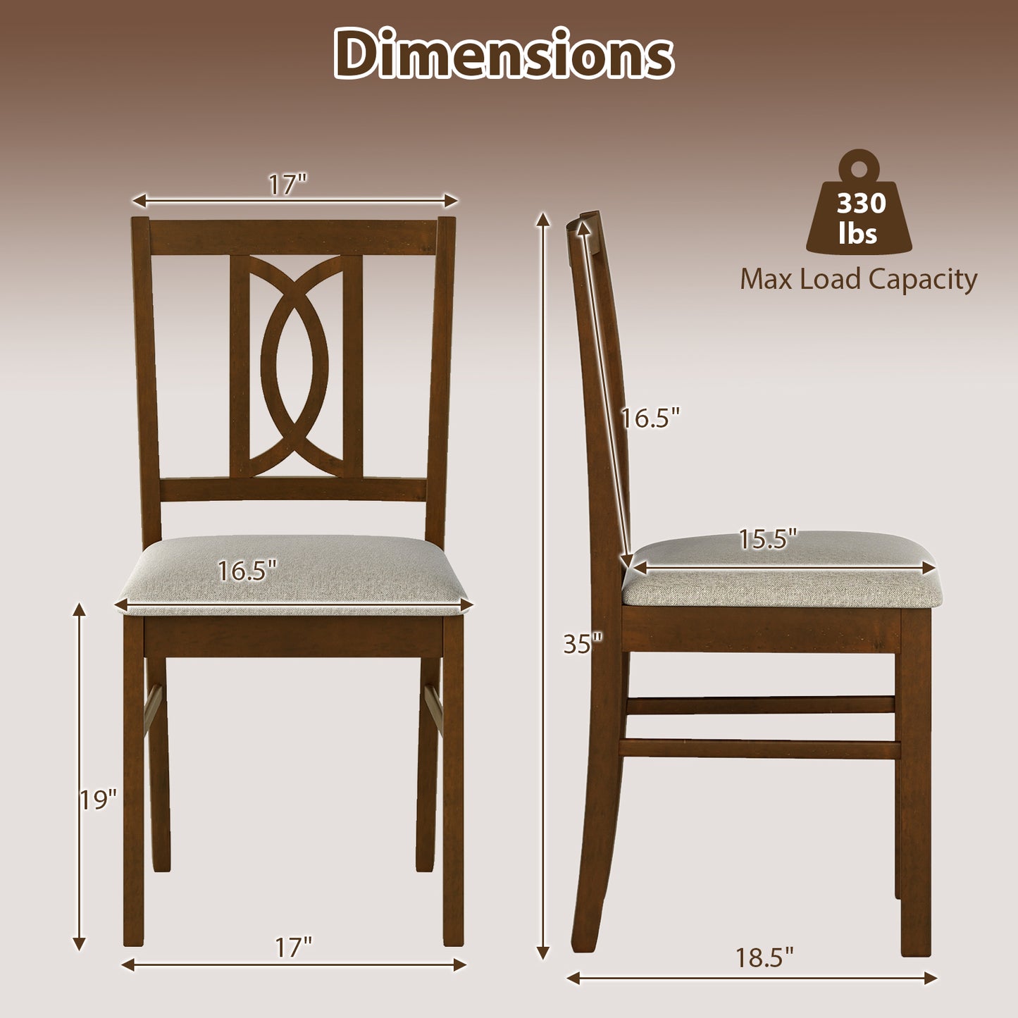 Rubber Wood Dining Chairs Set of 2 with Hollowed Backrest