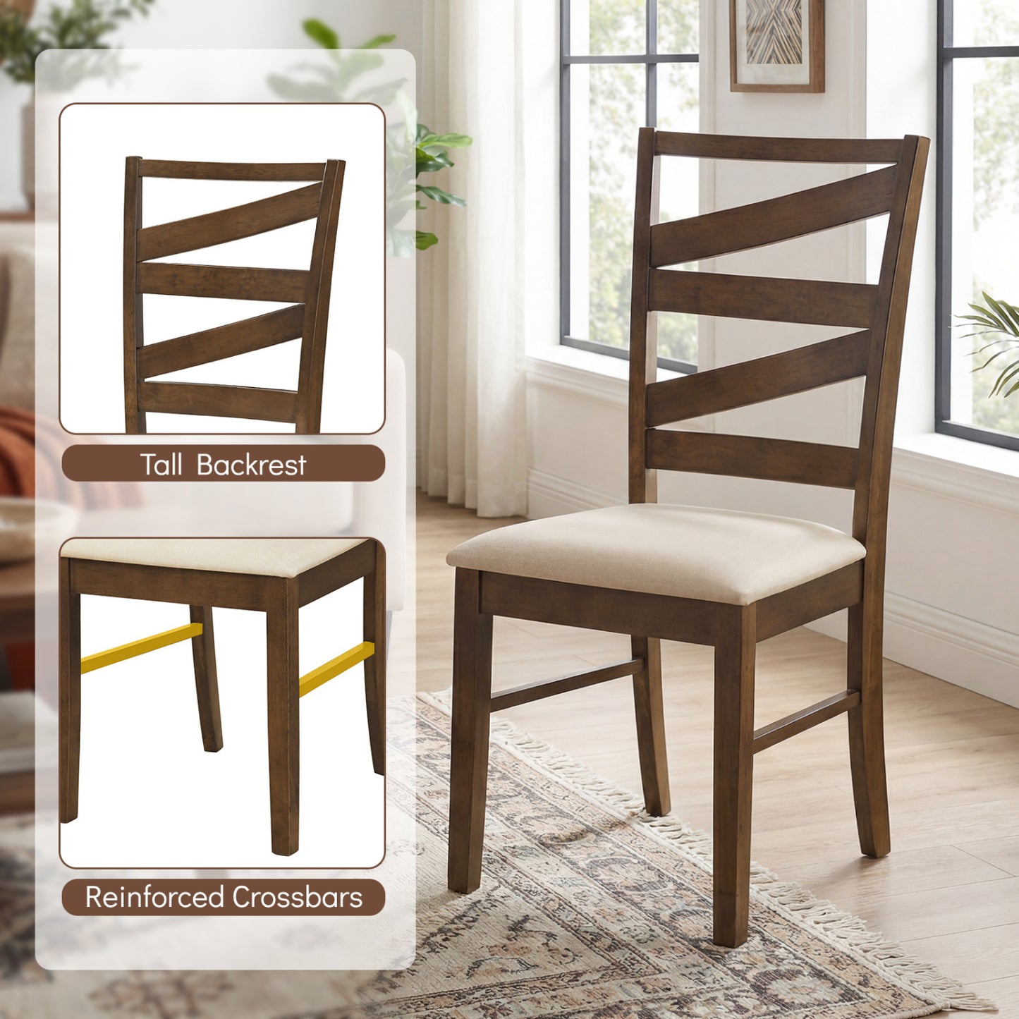 Dining Chairs Set of 2 with Rubber Wood Frames