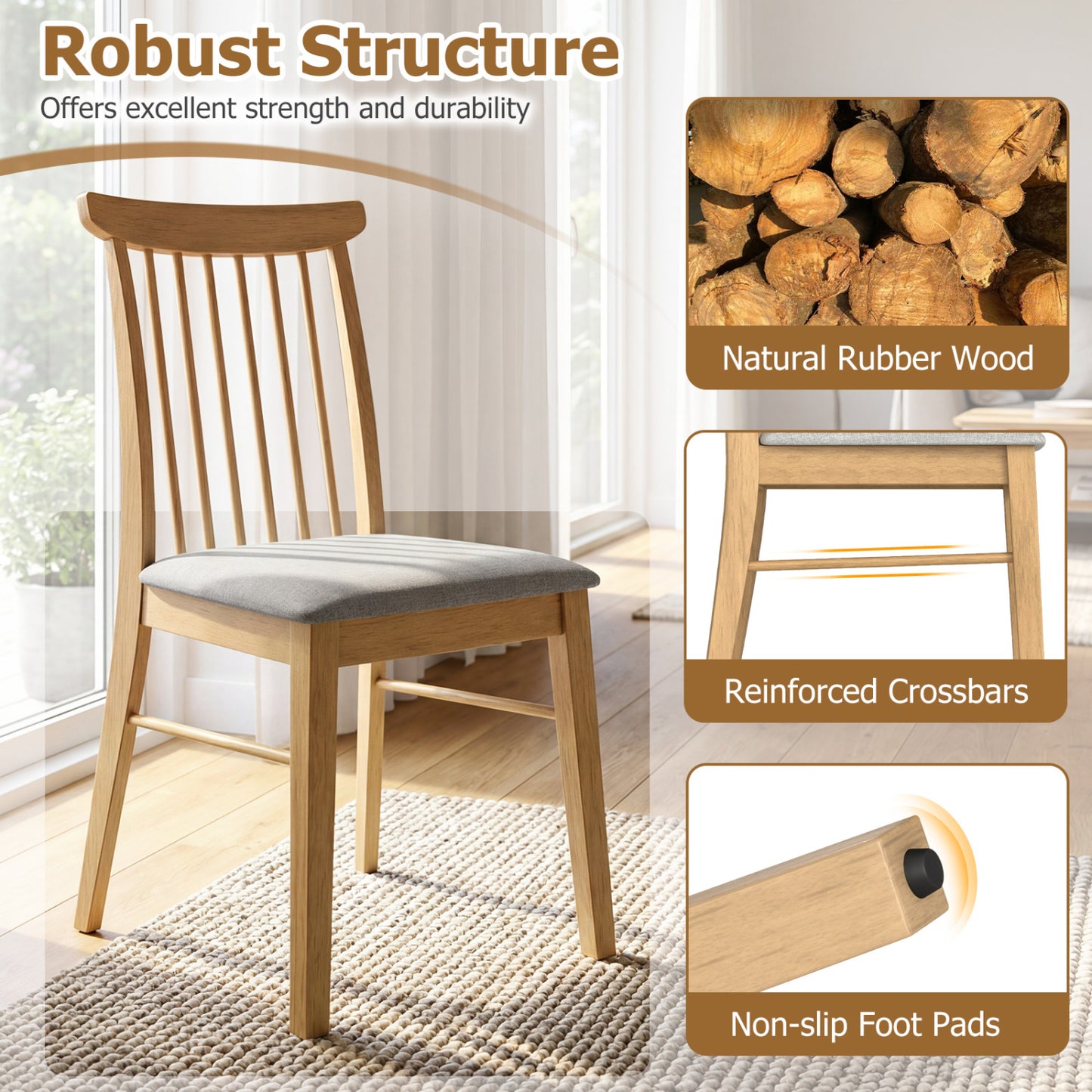 Upholstered Dining Chairs Set of 2 with Rubber Wood Frame