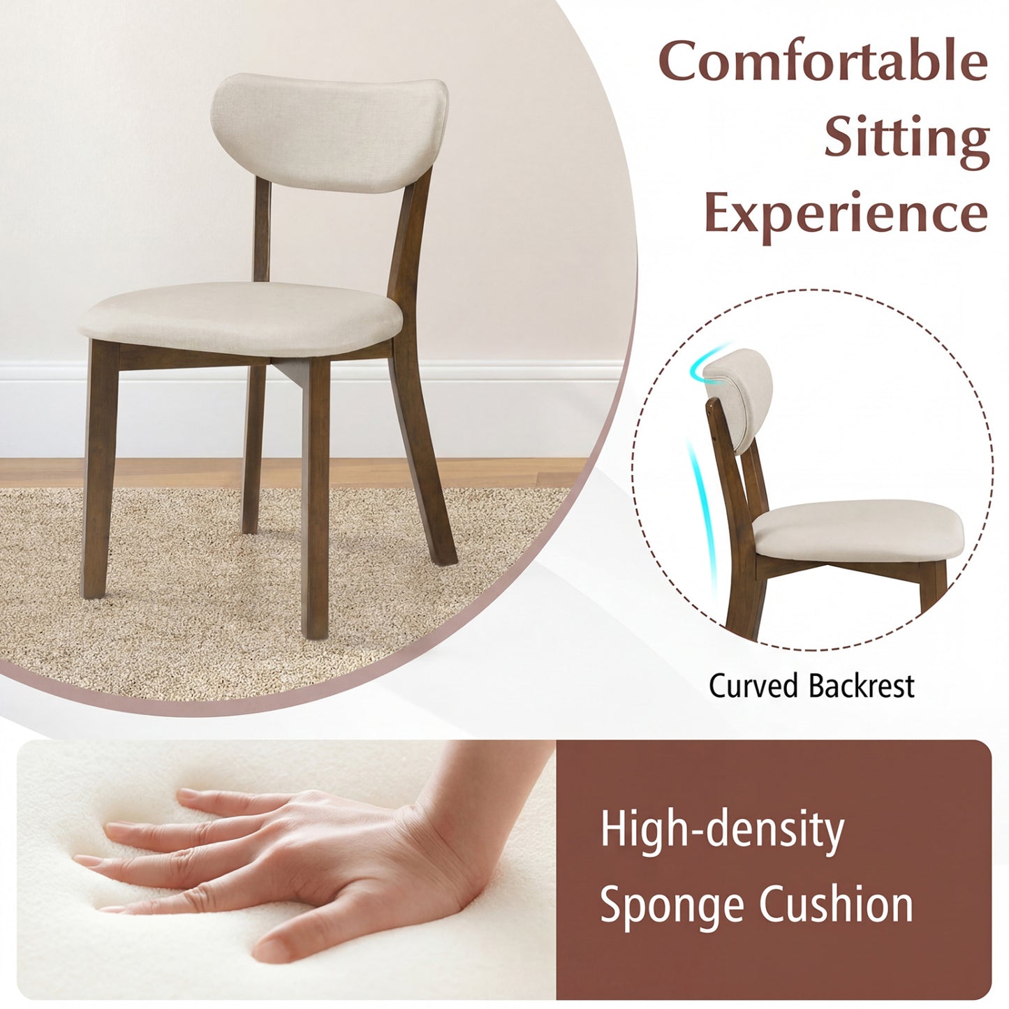 Upholstered Dining Chairs Set of 2 with Rubber Wood Frame