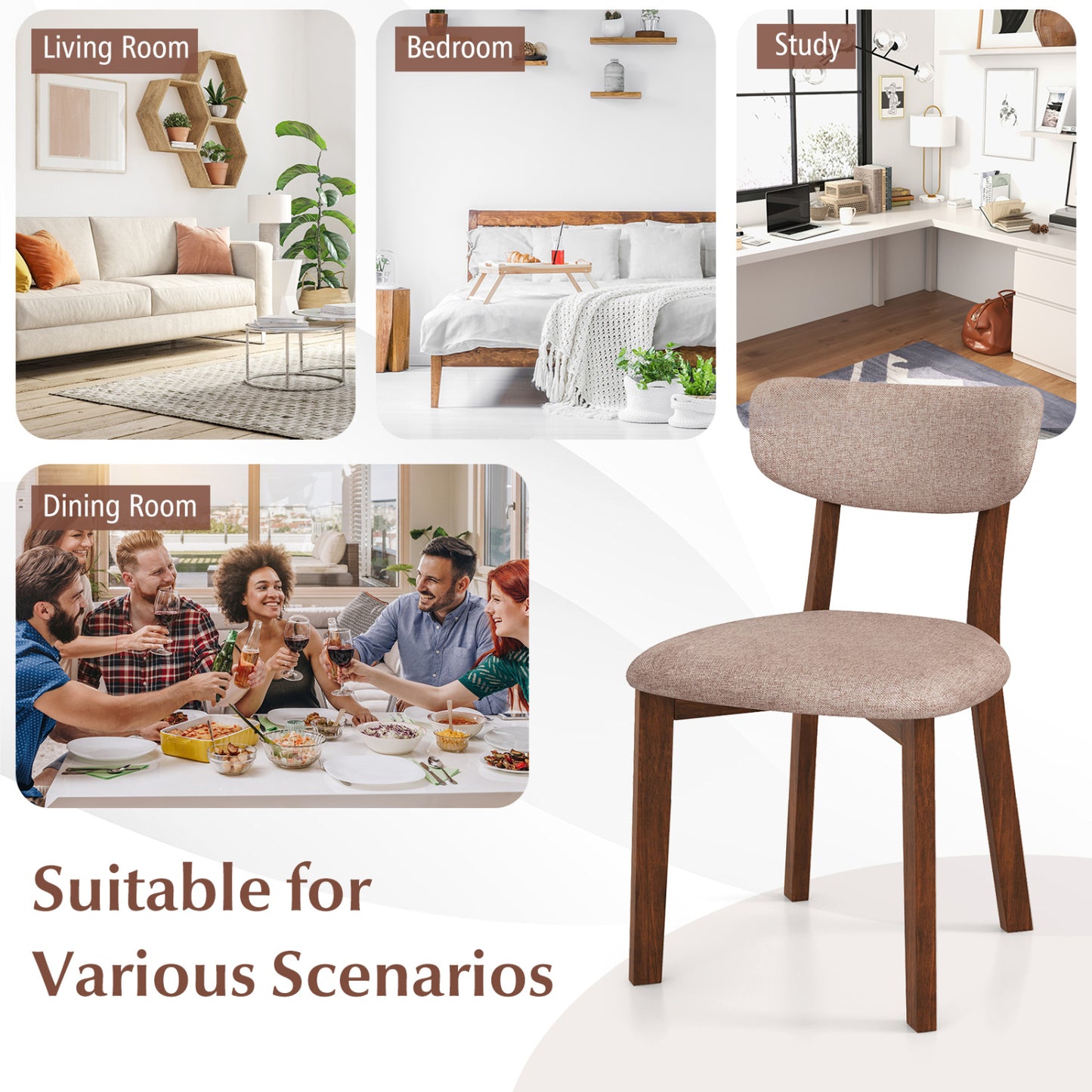 Upholstered Dining Chairs Set of 2 with Rubber Wood Frame