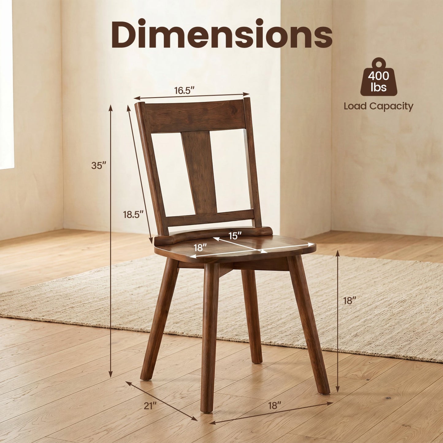 Solid Wood Dining Chairs Set of 2 with Ergonomic Backrest