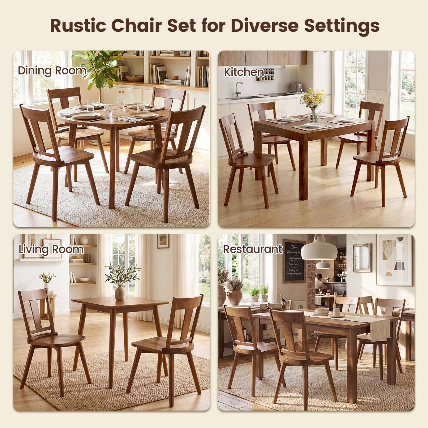 Solid Wood Dining Chairs Set of 4 with Curved Backrest