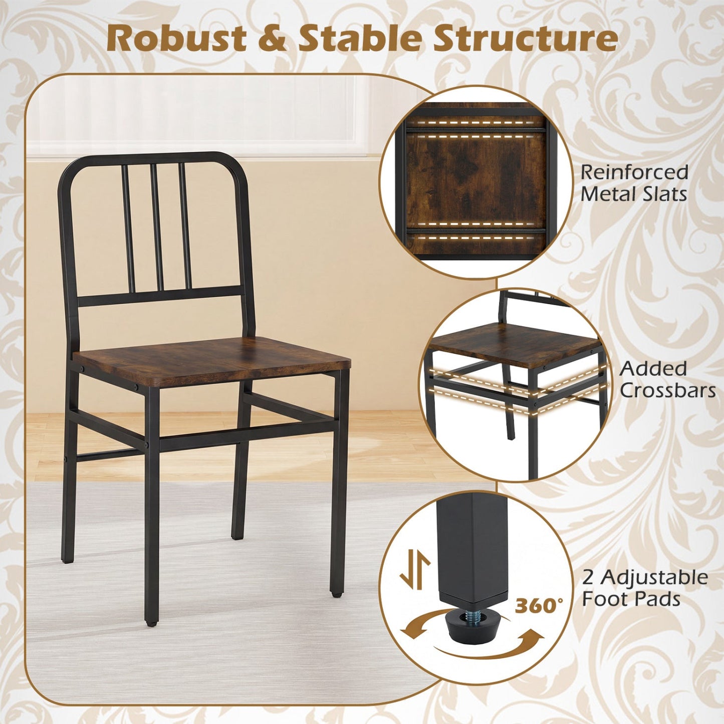 Dining Chairs Set of 4 with Slatted Backrest & Metal Frame