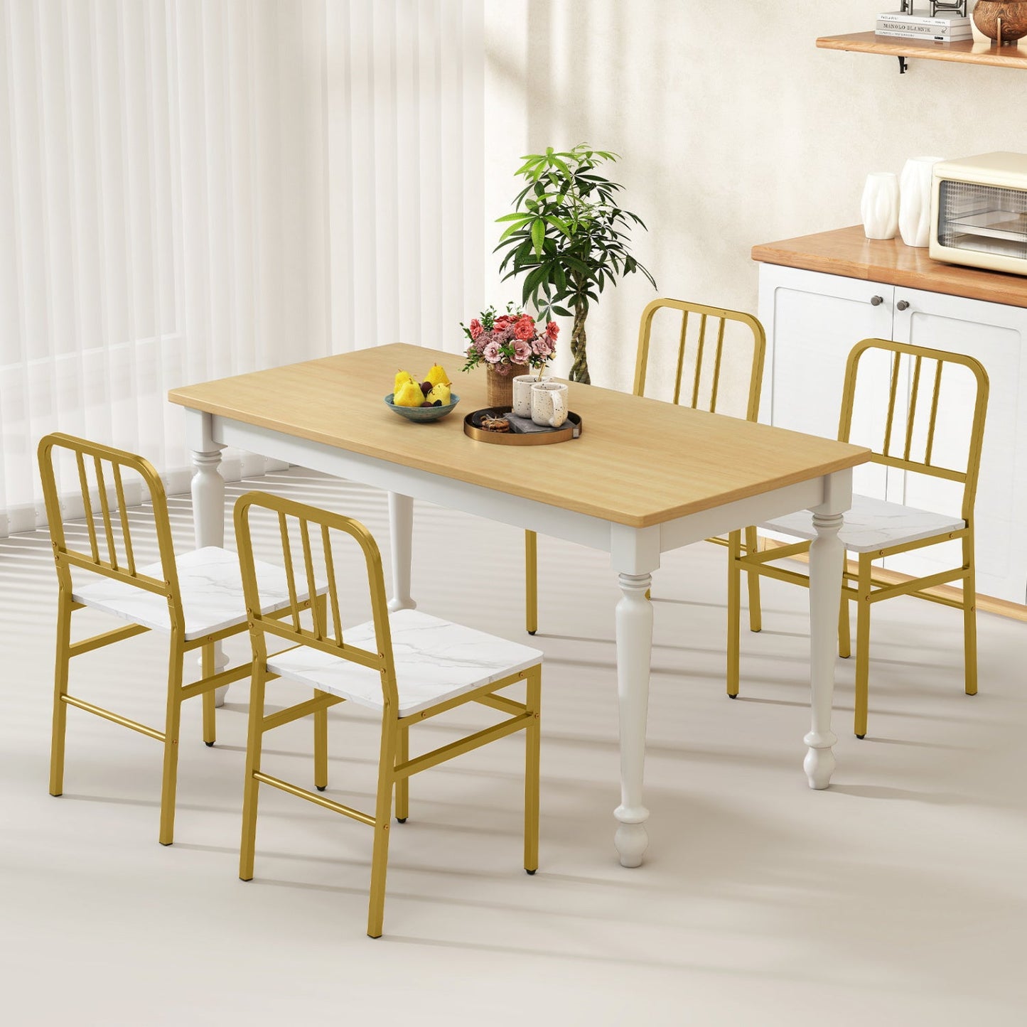 Dining Chairs Set of 4 with Slatted Backrest & Metal Frame