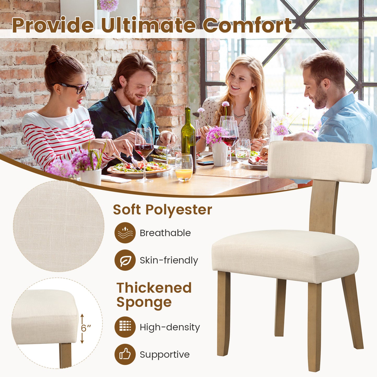 Dining Chairs Set of 2 with Curved Backrest and Padded Seat