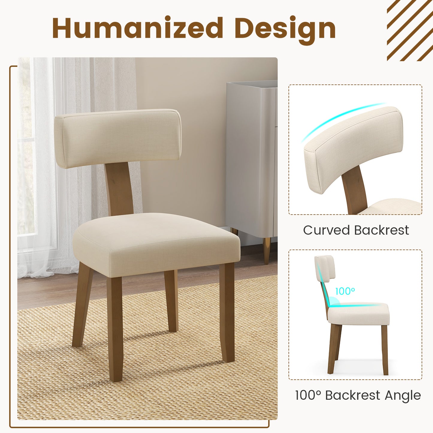 Dining Chairs Set of 2 with Curved Backrest and Padded Seat