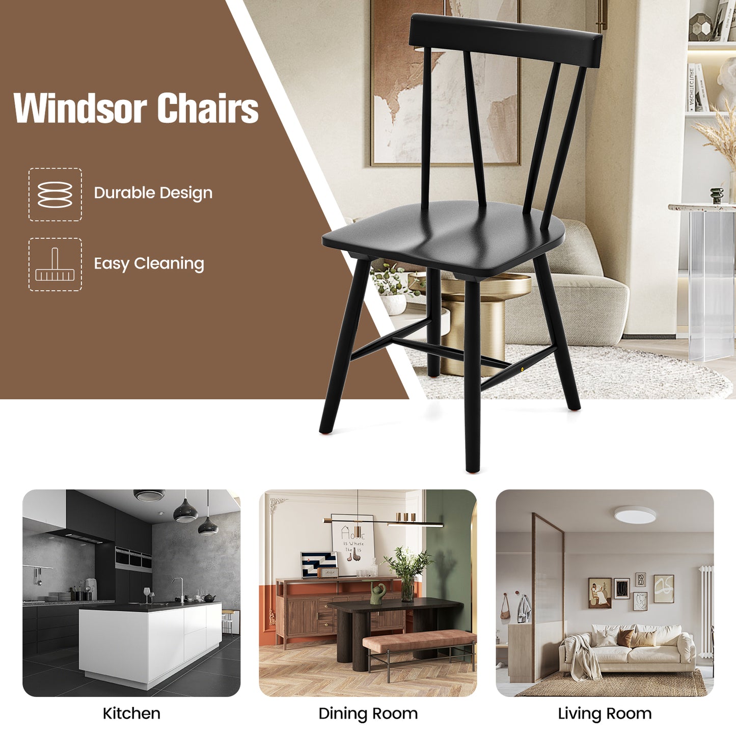 Windsor Dining Chair with Solid Rubber Wood Frame
