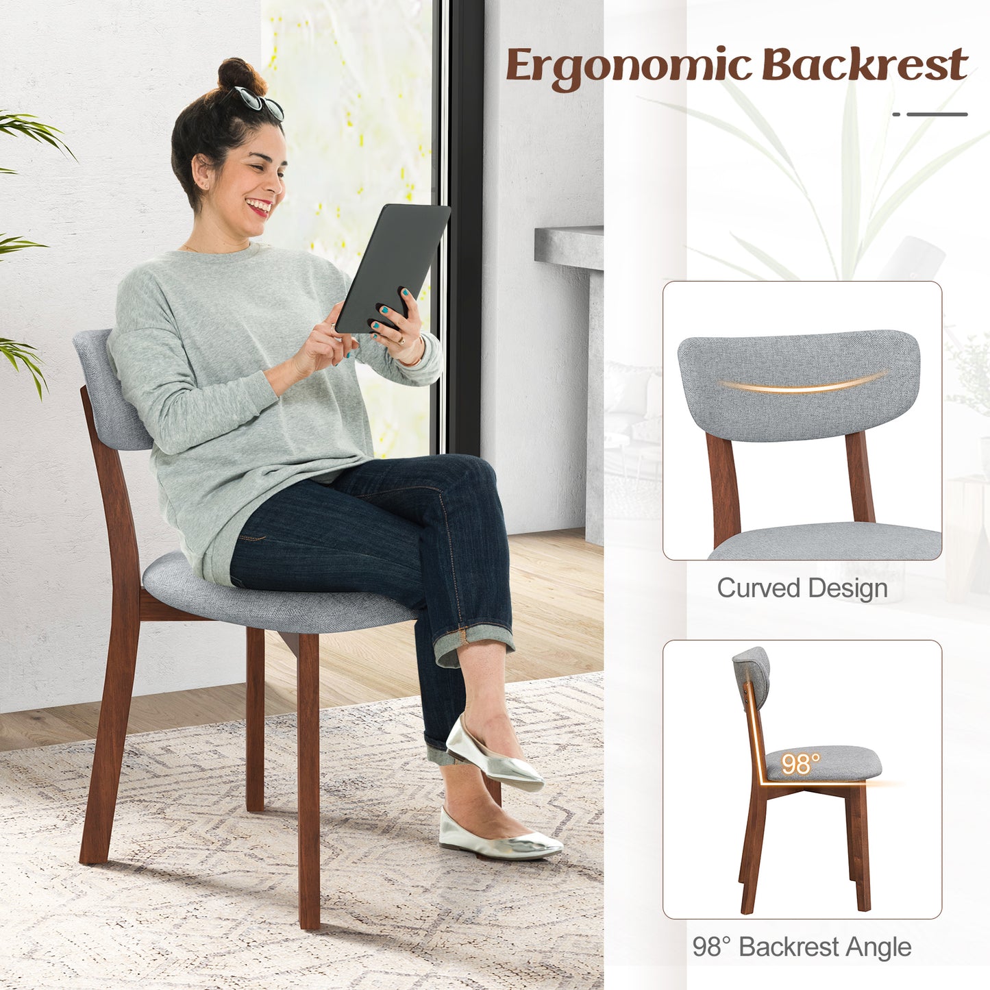 Upholstered Dining Chairs Set of 2 with Rubber Wood Frame