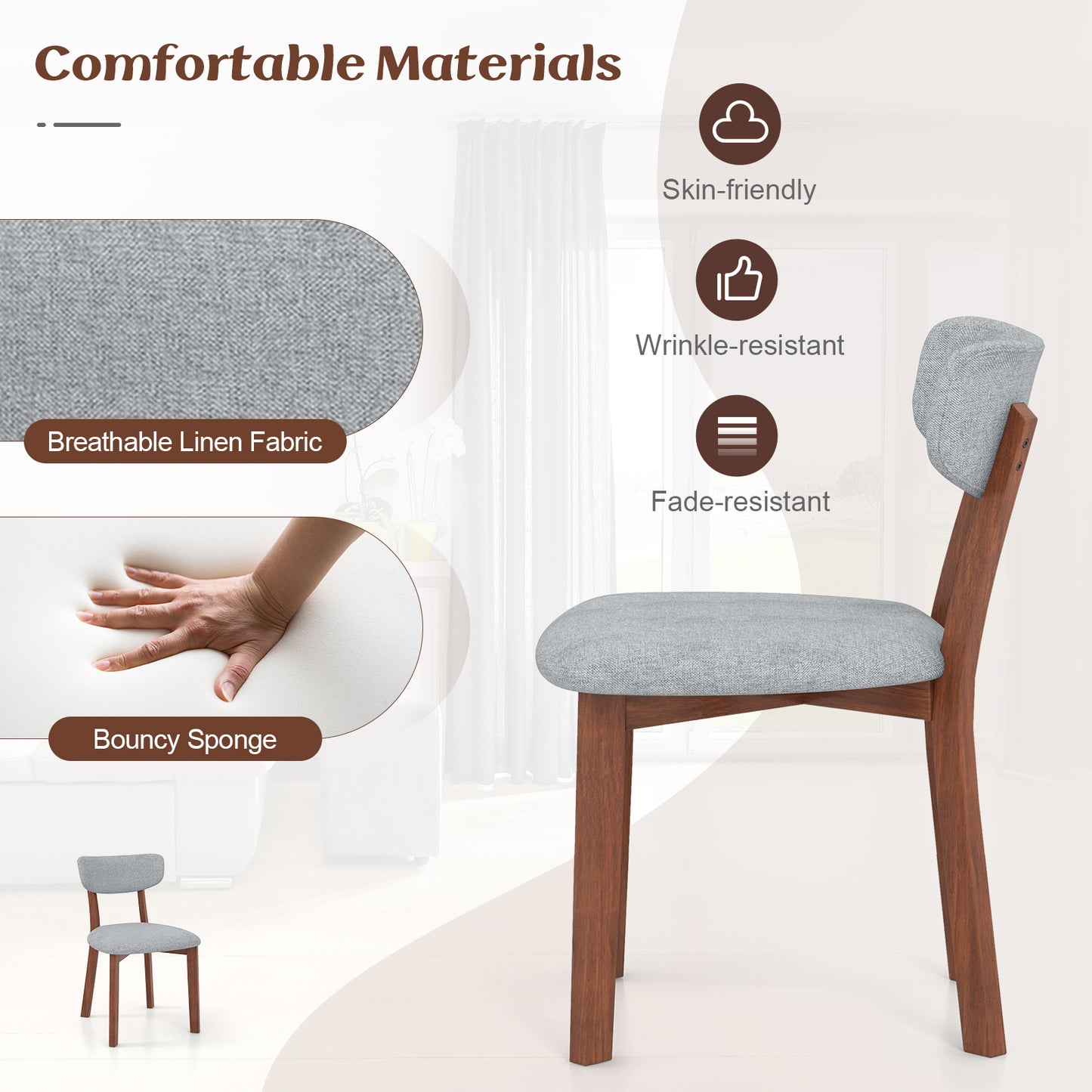 Upholstered Dining Chairs Set of 2 with Rubber Wood Frame