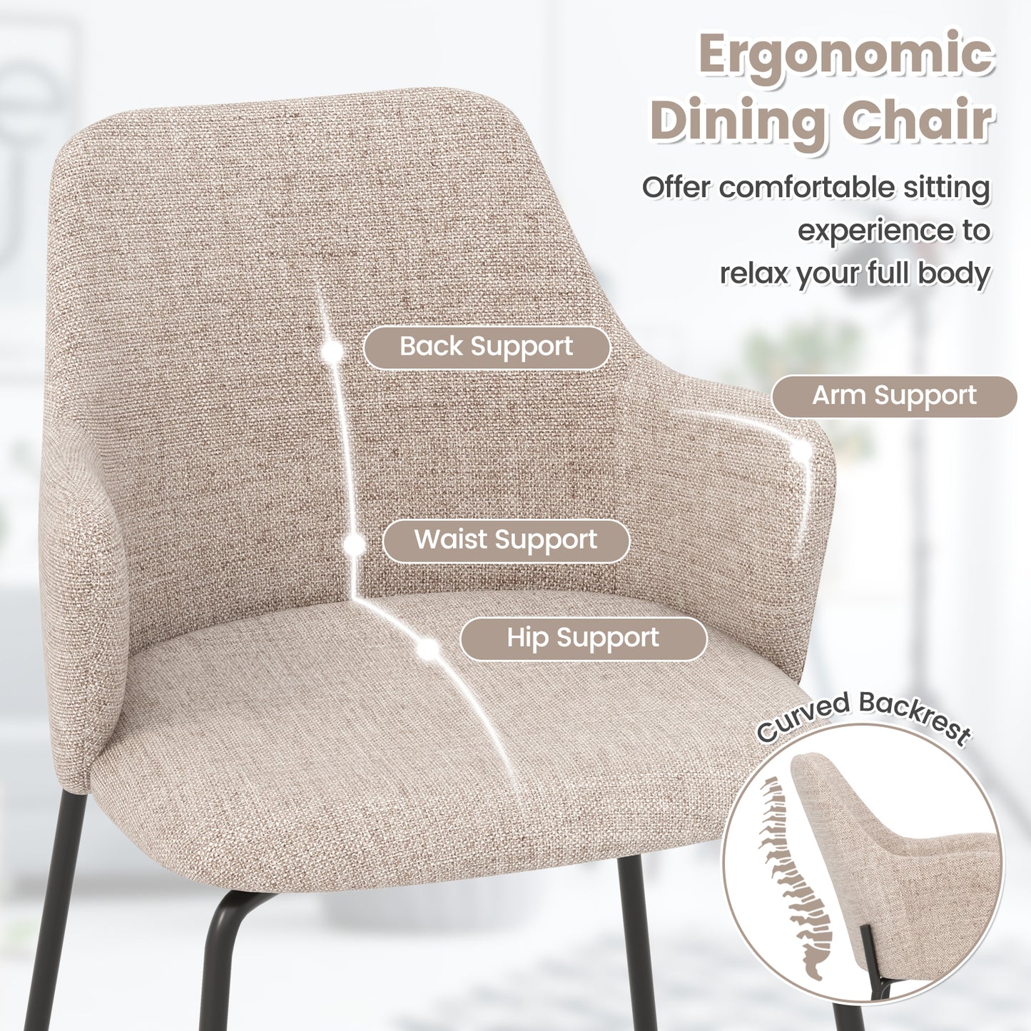 Upholstered Dining Chairs Set of 2 with Curved Backrest