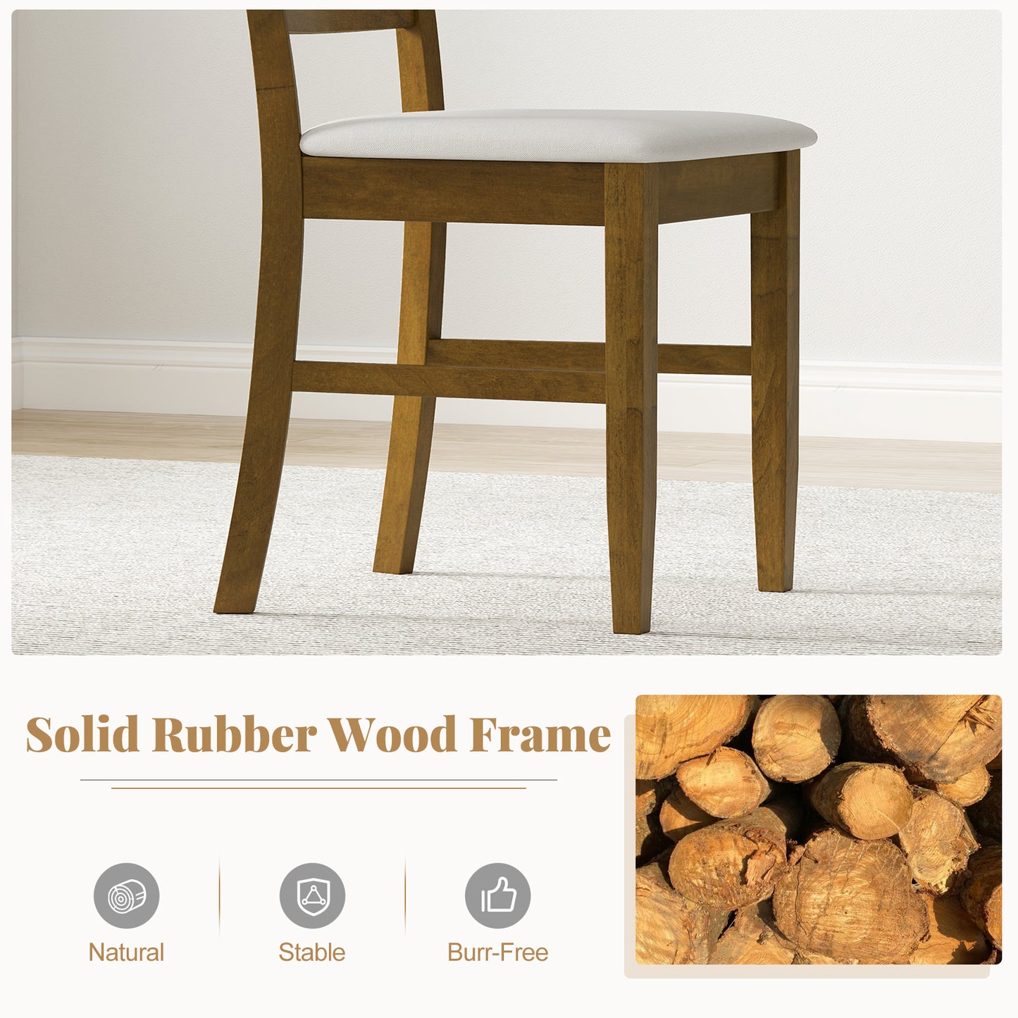 Dining Chairs Set of 2 with Padded Seat and Rubber Wood Frame