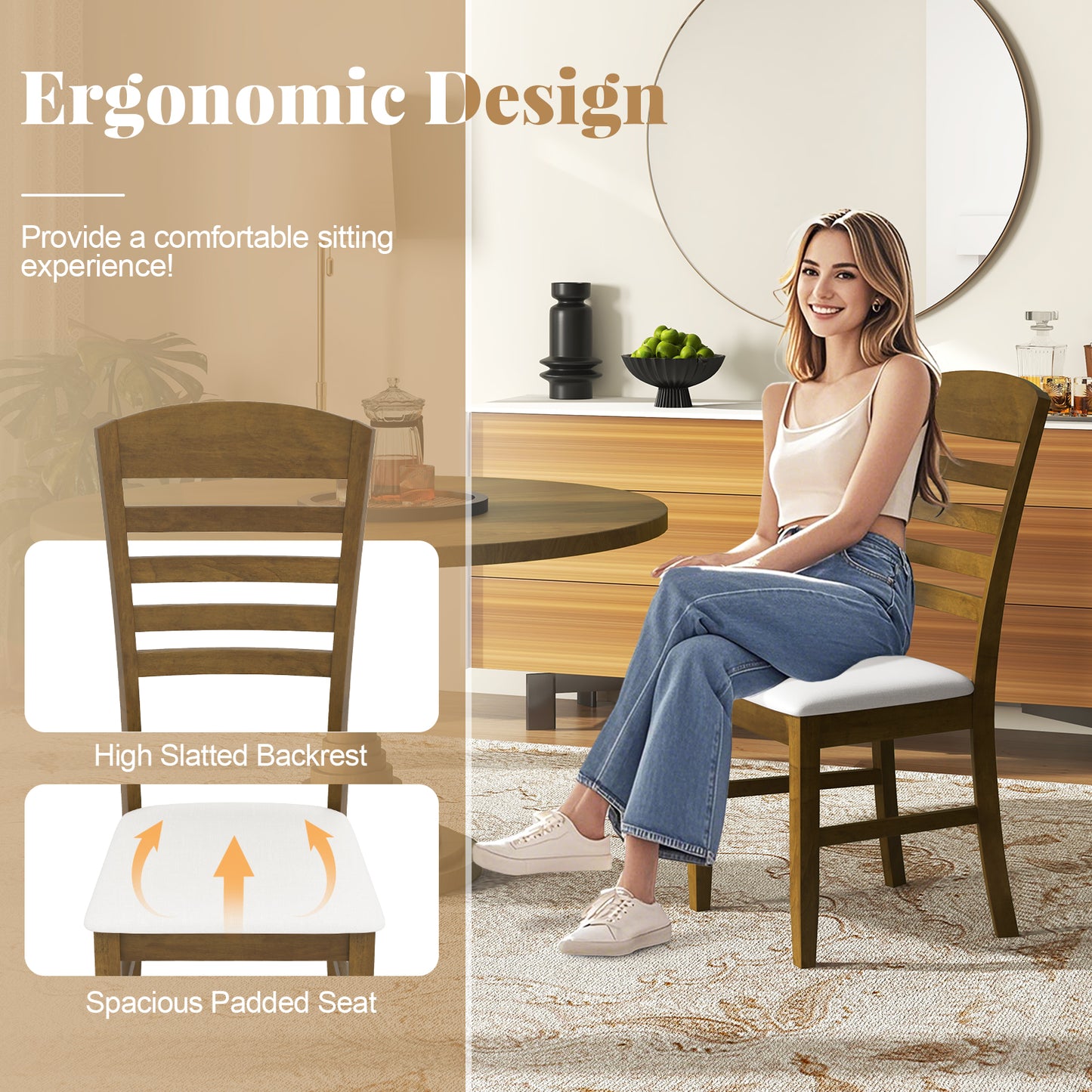 Dining Chairs Set of 2 with Padded Seat and Rubber Wood Frame