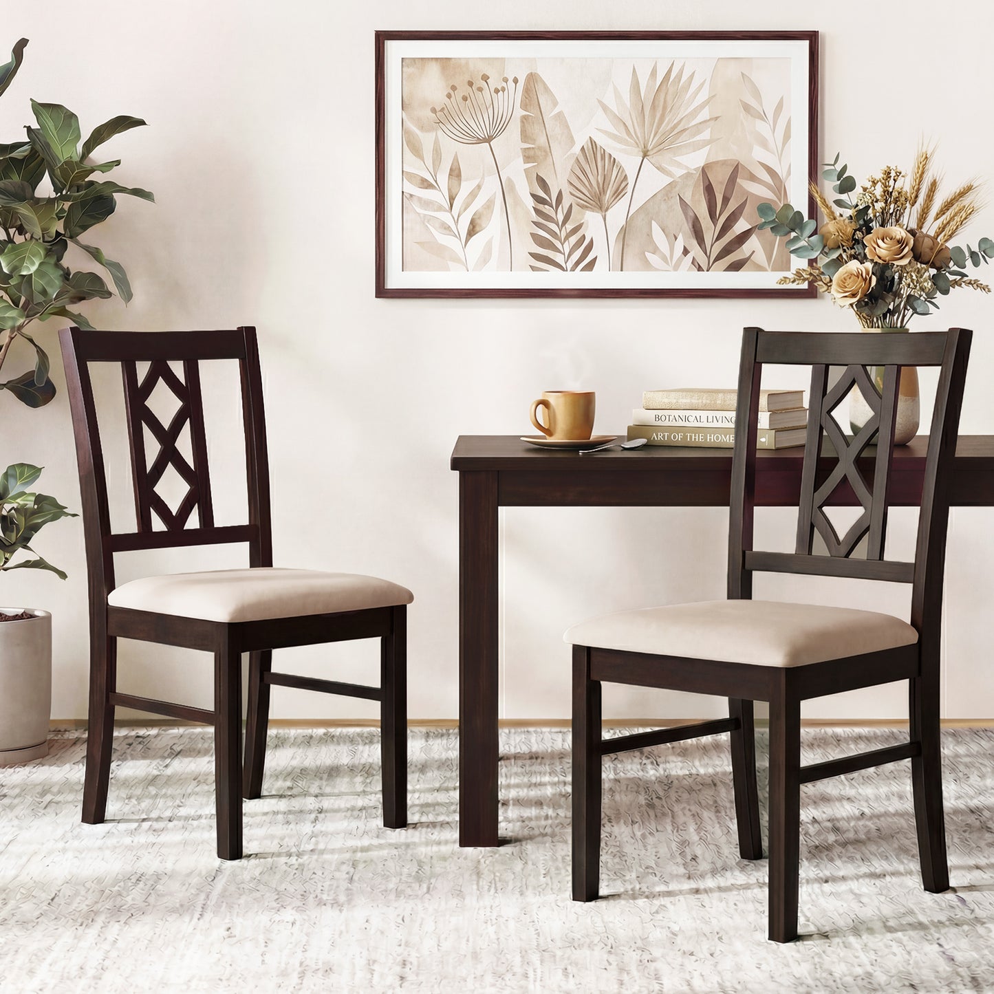 Rubber Wood Dining Chairs Set of 2 with Hollowed Backrest
