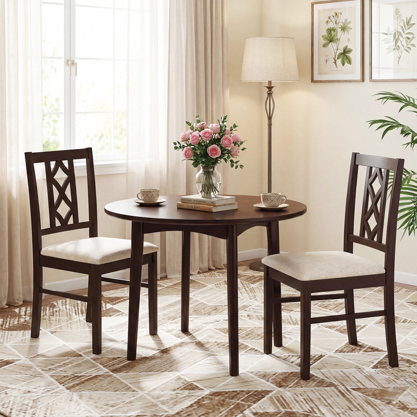 Rubber Wood Dining Chairs Set of 2 with Hollowed Backrest
