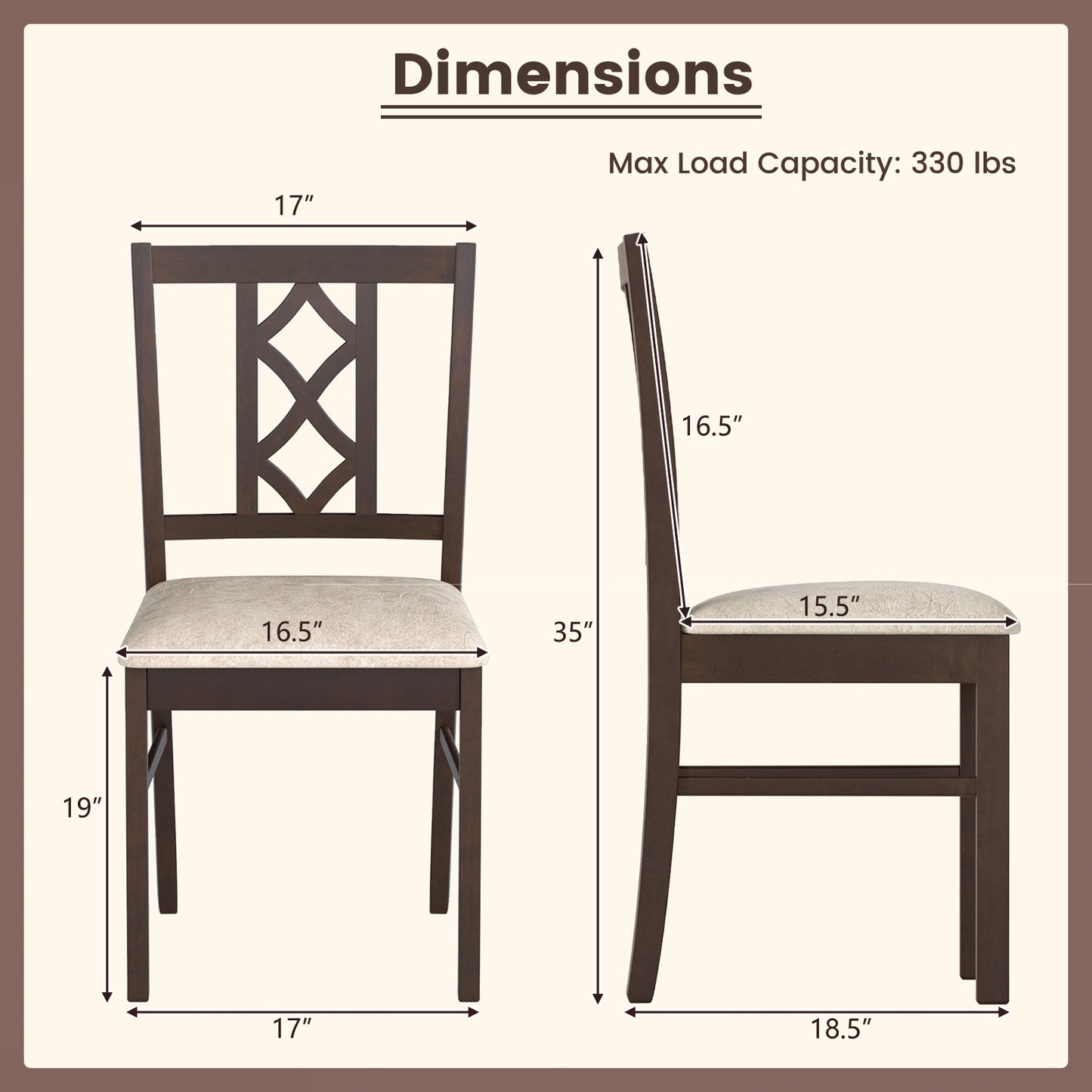 Rubber Wood Dining Chairs Set of 2 with Hollowed Backrest