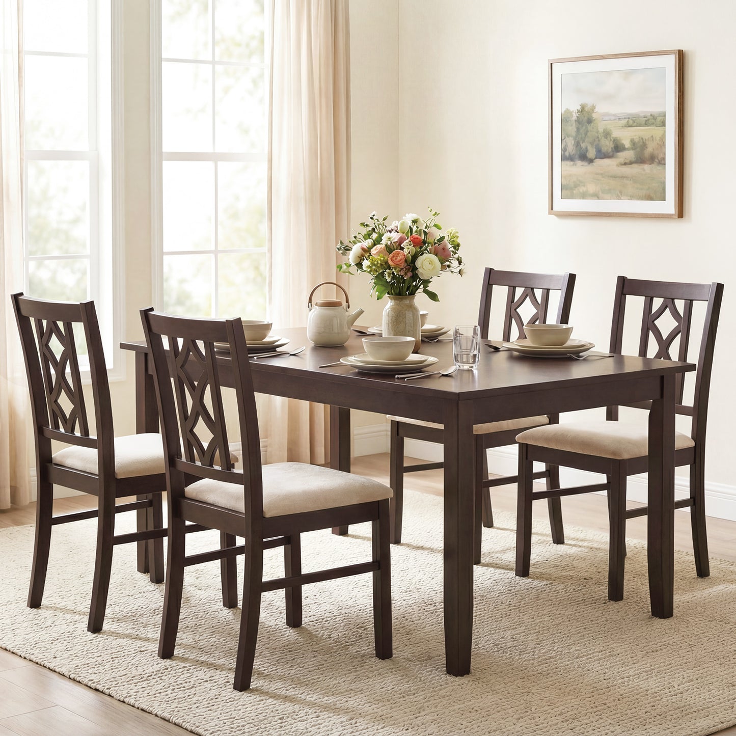 Rubber Wood Dining Chairs Set of 2 with Hollowed Backrest