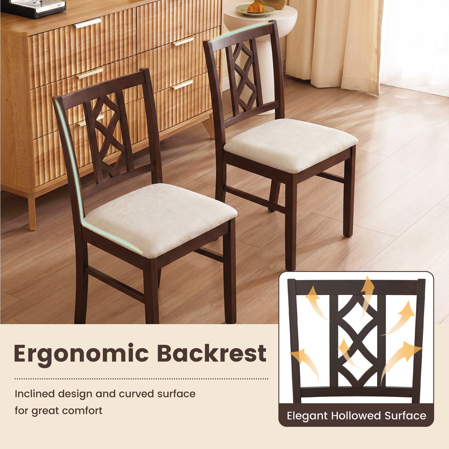 Rubber Wood Dining Chairs Set of 2 with Hollowed Backrest
