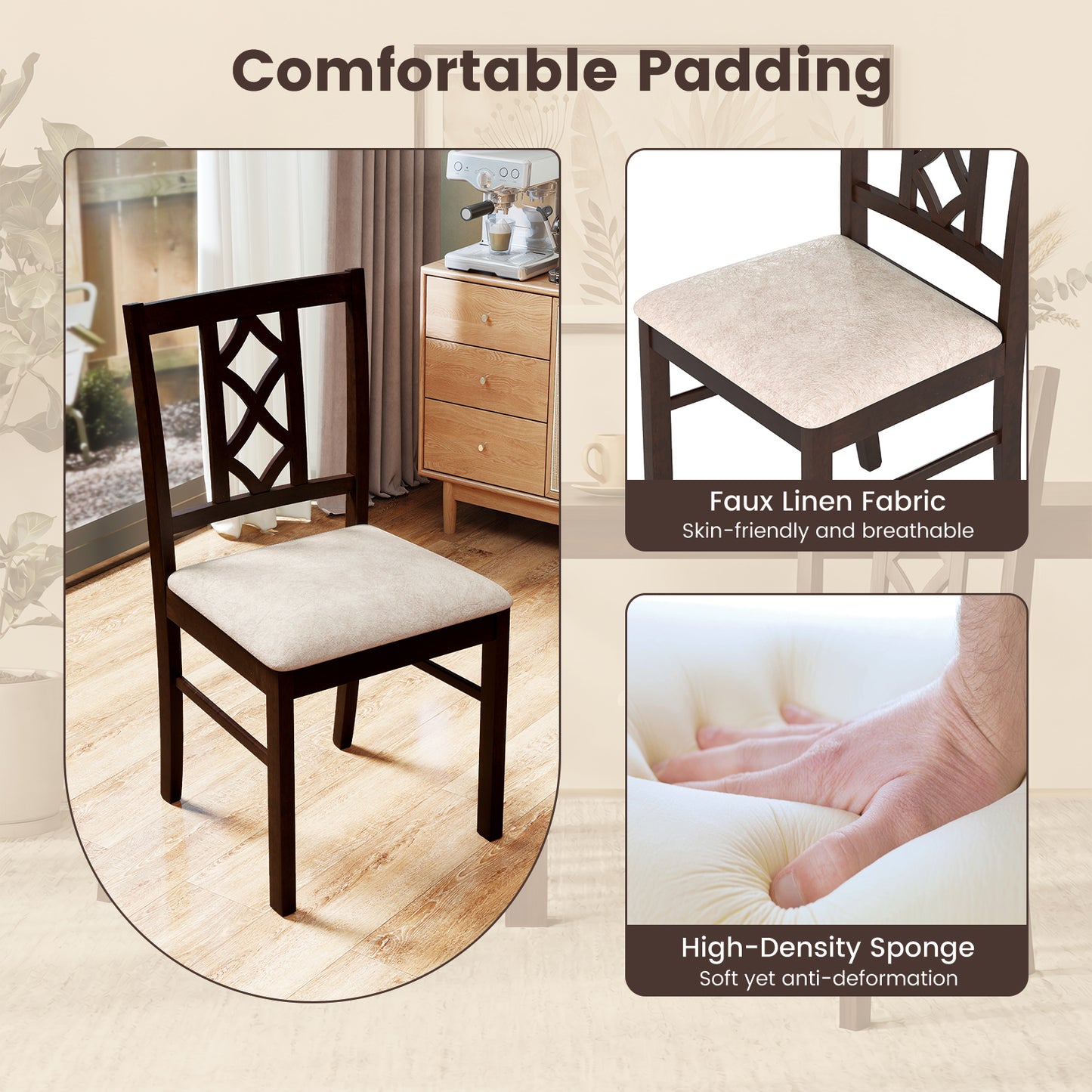 Rubber Wood Dining Chairs Set of 2 with Hollowed Backrest