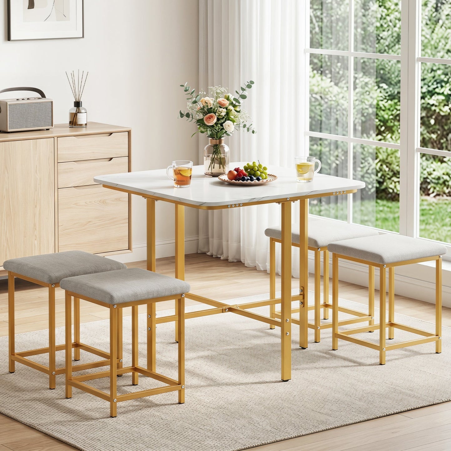 5-Piece Dining Table Set with 4 Upholstered Stools