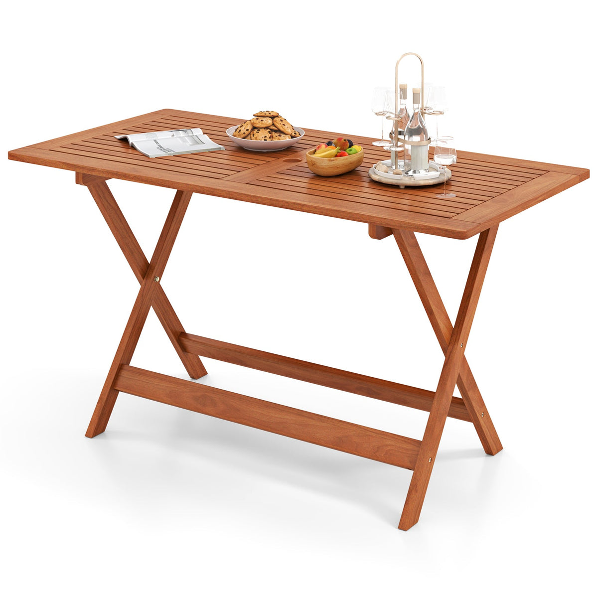 54.5 Inch x 27.5 Inch  Patio Dining Table with Teak Painting and Umbrella Hole