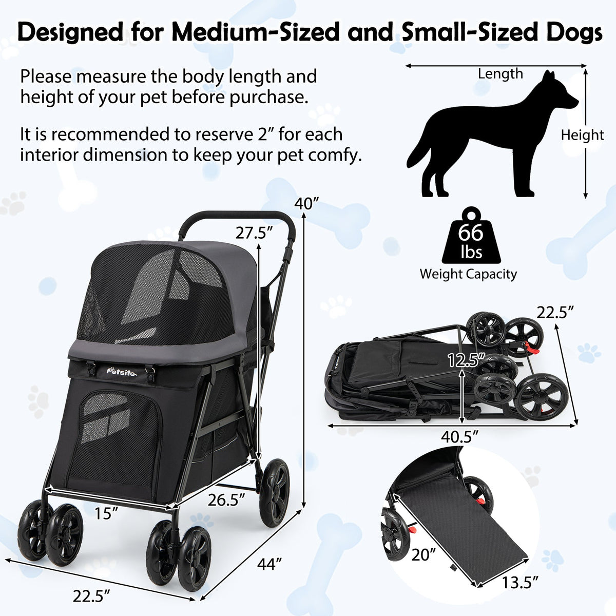 Dog Stroller for Medium Small Senior Elderly Dogs with Dual Entry-Black
