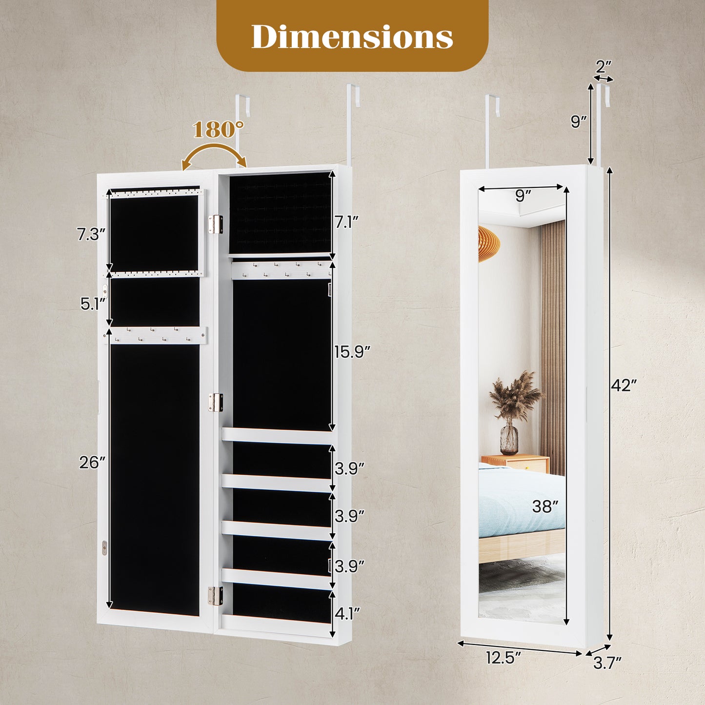 Wall Mounted Jewelry Armoire with Full-Length Mirror