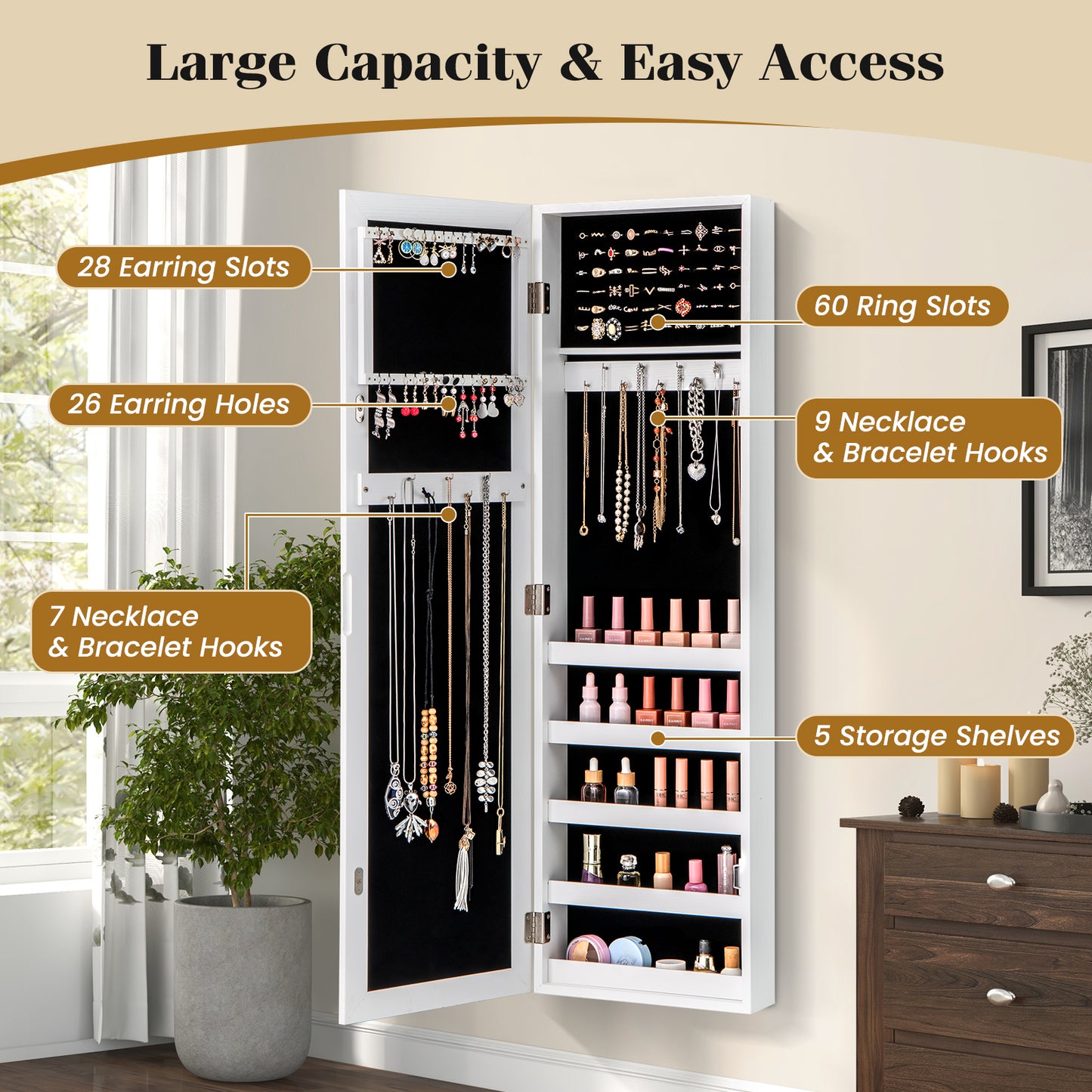 Wall Mounted Jewelry Armoire with Full-Length Mirror