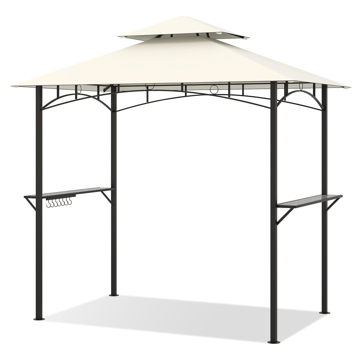 Outdoor Double-Tiered Grill Gazebo Canopy with 2 Shelves and 7 Hooks