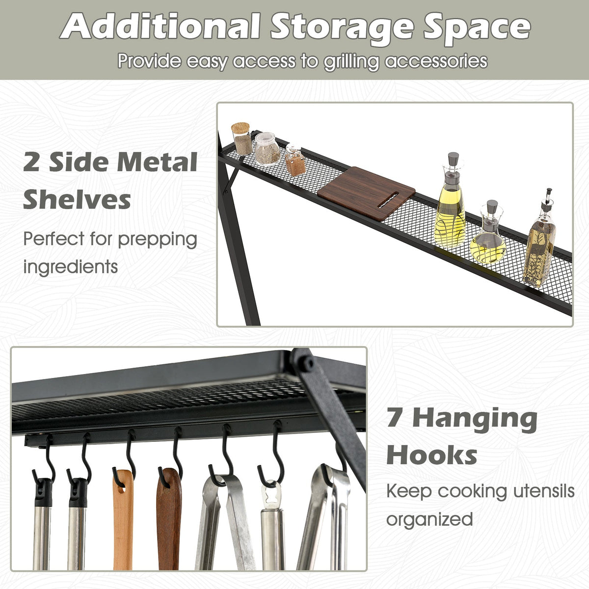 Outdoor Double-Tiered Grill Gazebo Canopy with 2 Shelves and 7 Hooks