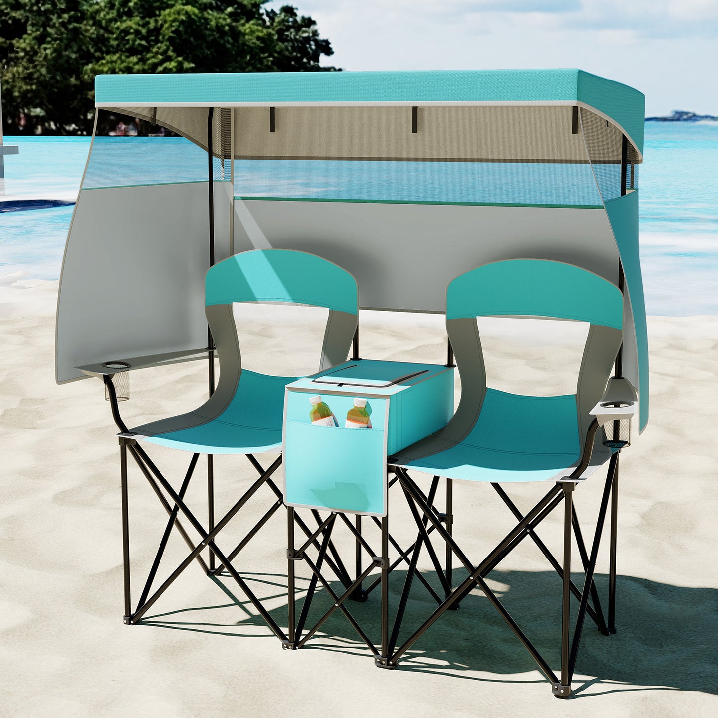 Double Beach Chair with Adjustable Canopy and Side Curtains