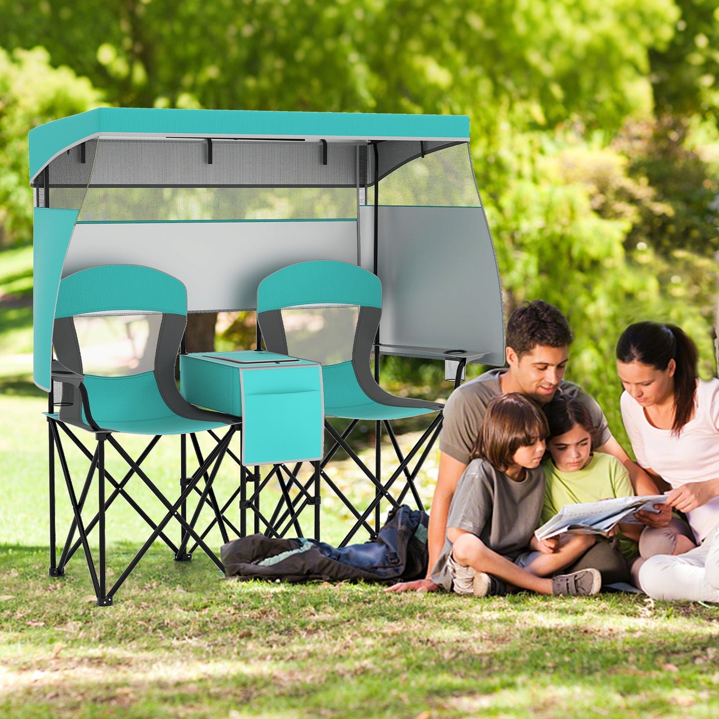 Double Beach Chair with Adjustable Canopy and Side Curtains