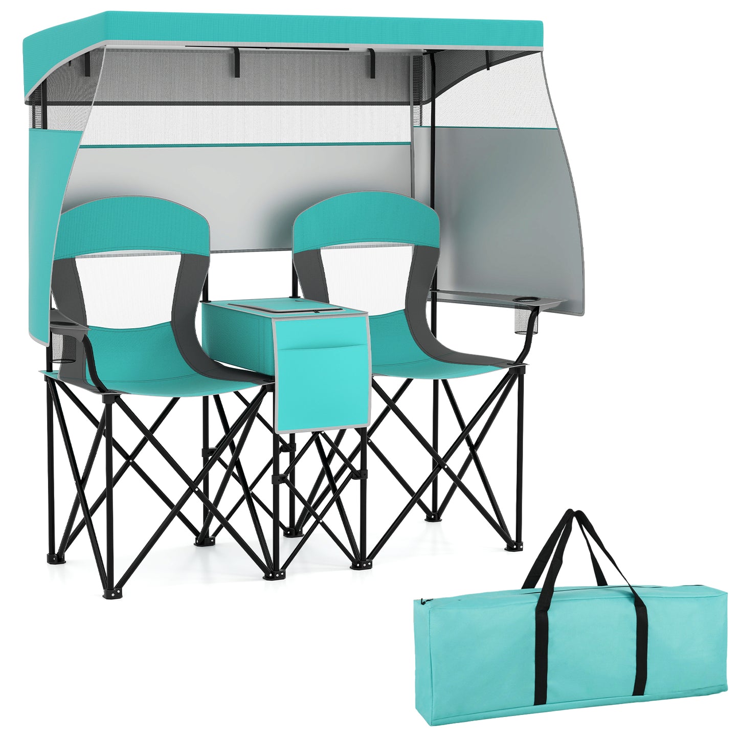 Double Beach Chair with Adjustable Canopy and Side Curtains