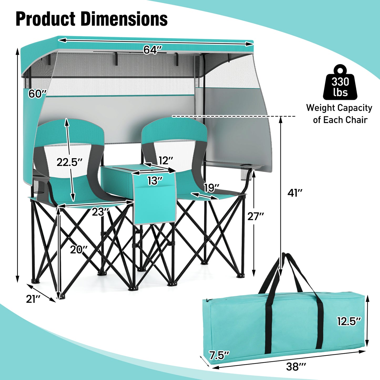 Double Beach Chair with Adjustable Canopy and Side Curtains