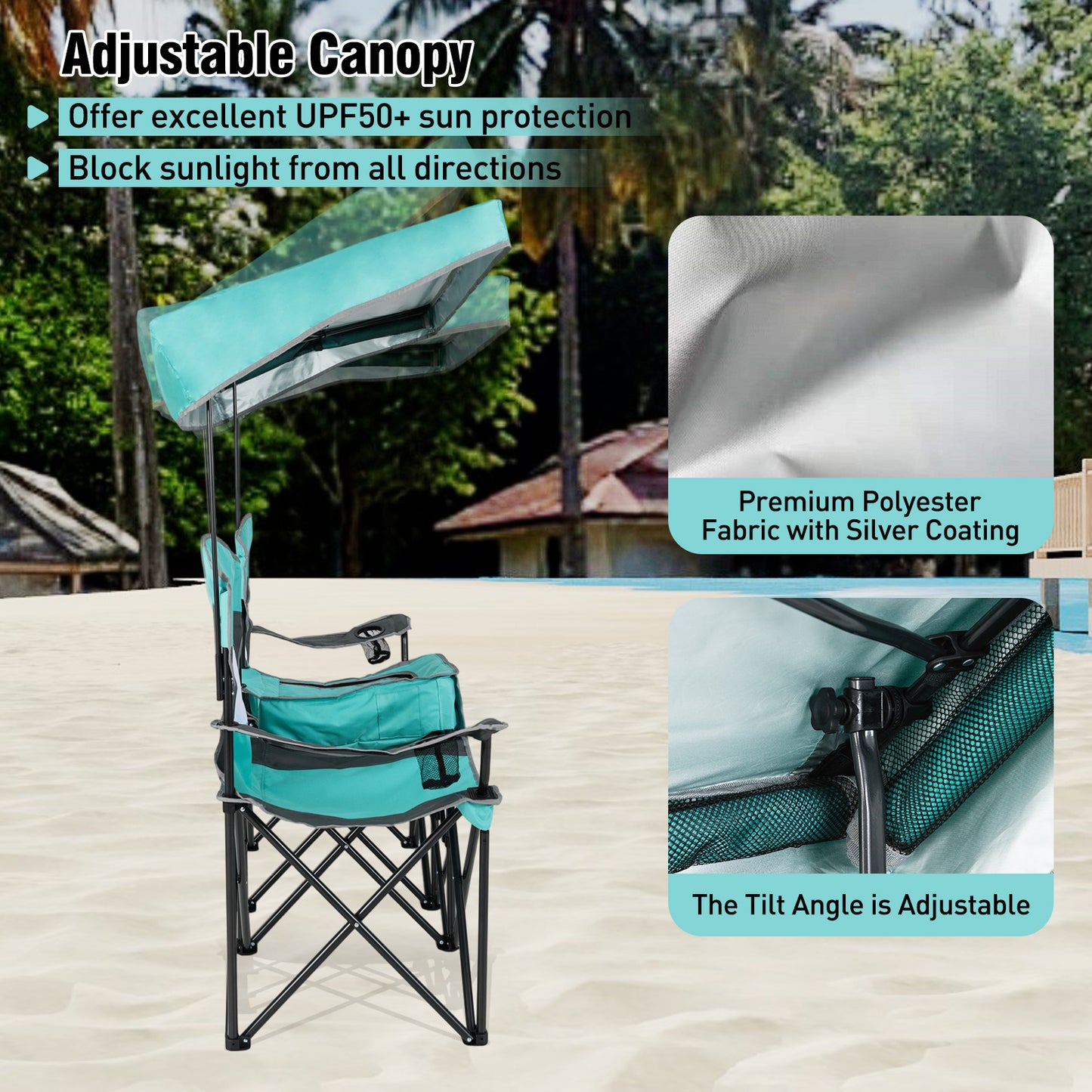 Double Beach Chair with Adjustable Canopy and Side Curtains