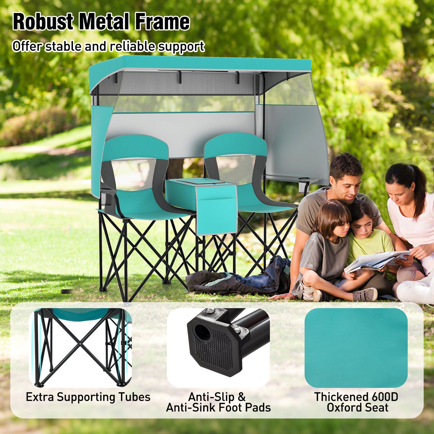 Double Beach Chair with Adjustable Canopy and Side Curtains