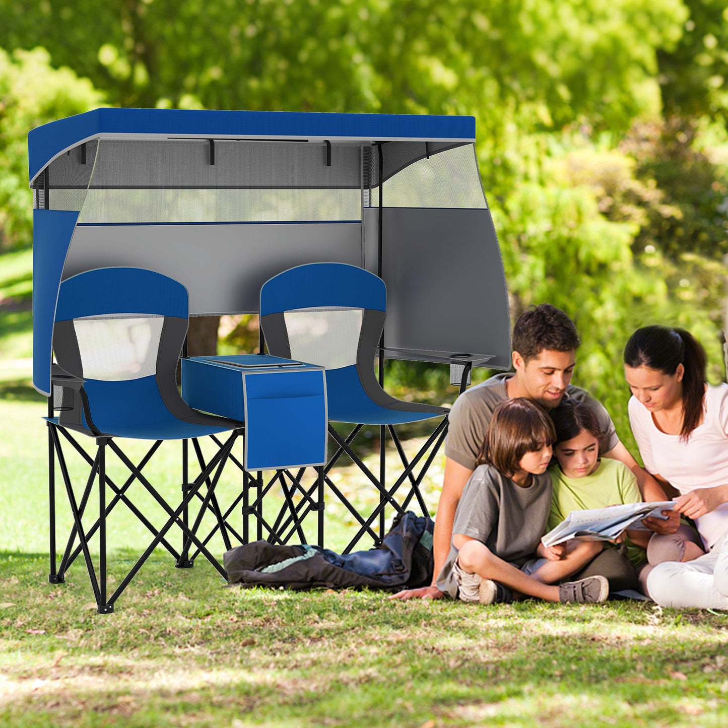 Double Beach Chair with Adjustable Canopy and Side Curtains