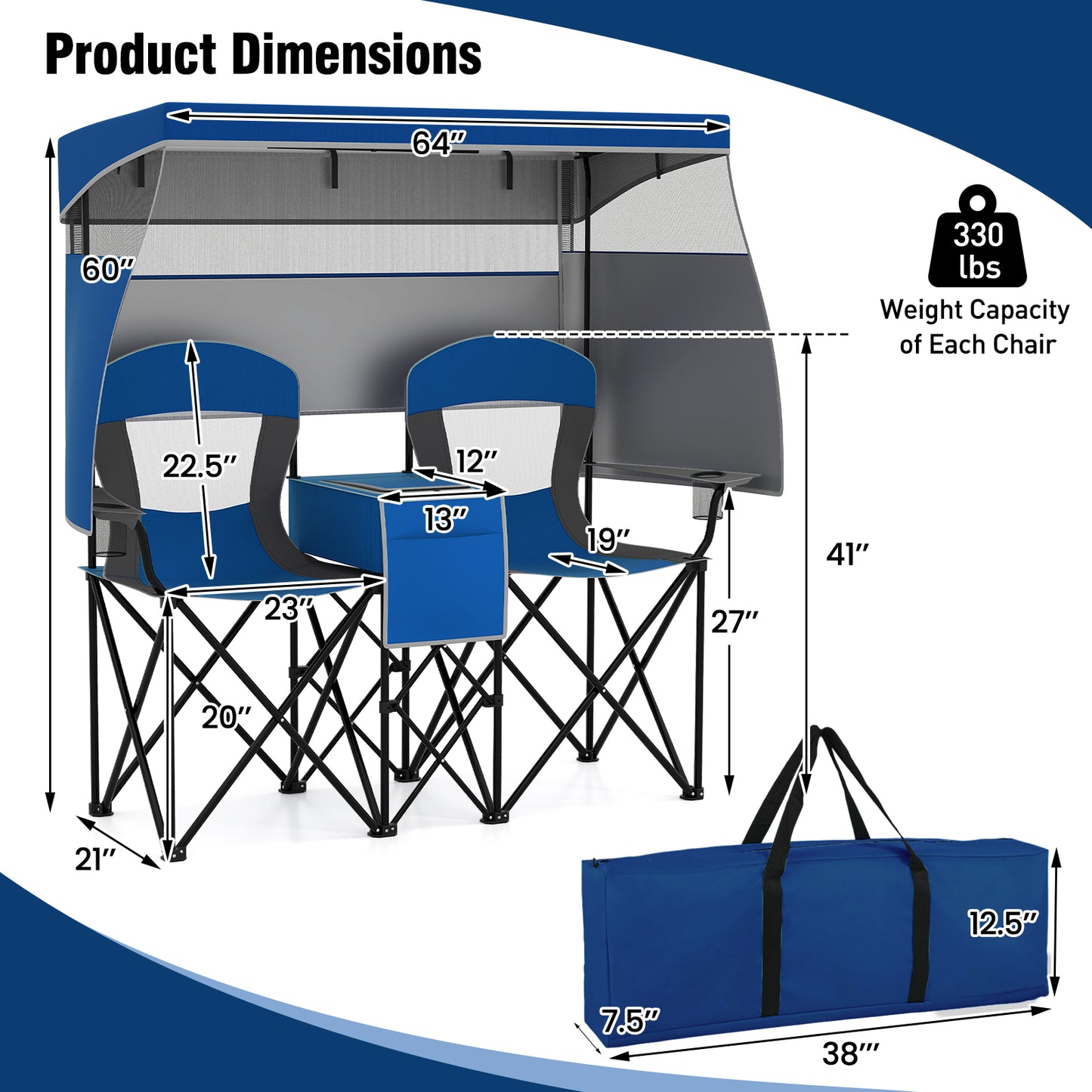 Double Beach Chair with Adjustable Canopy and Side Curtains