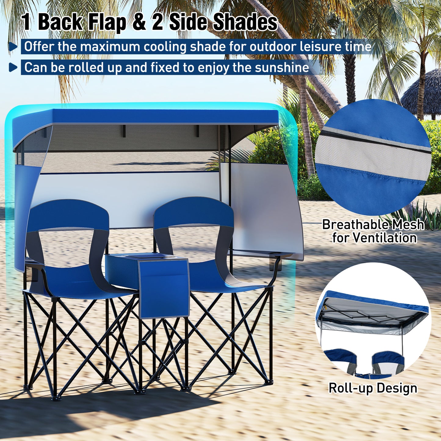 Double Beach Chair with Adjustable Canopy and Side Curtains