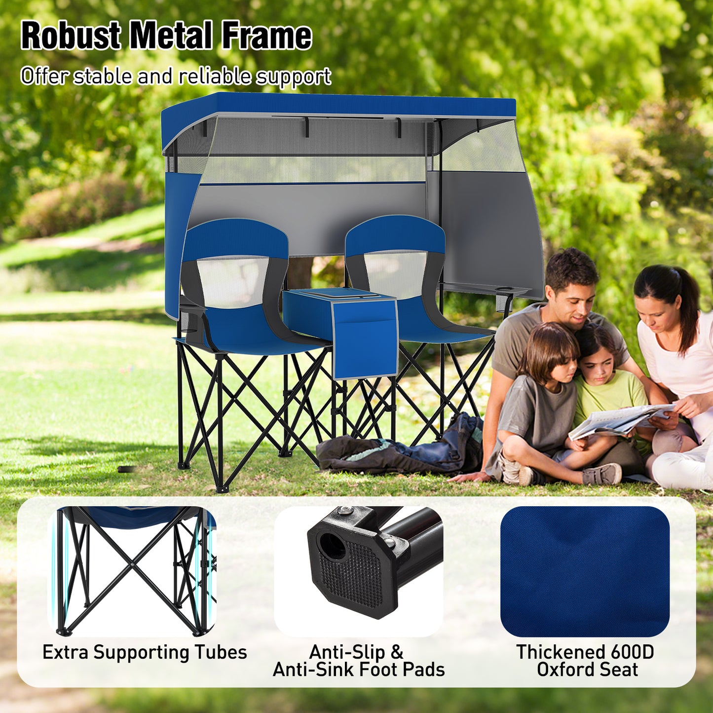 Double Beach Chair with Adjustable Canopy and Side Curtains