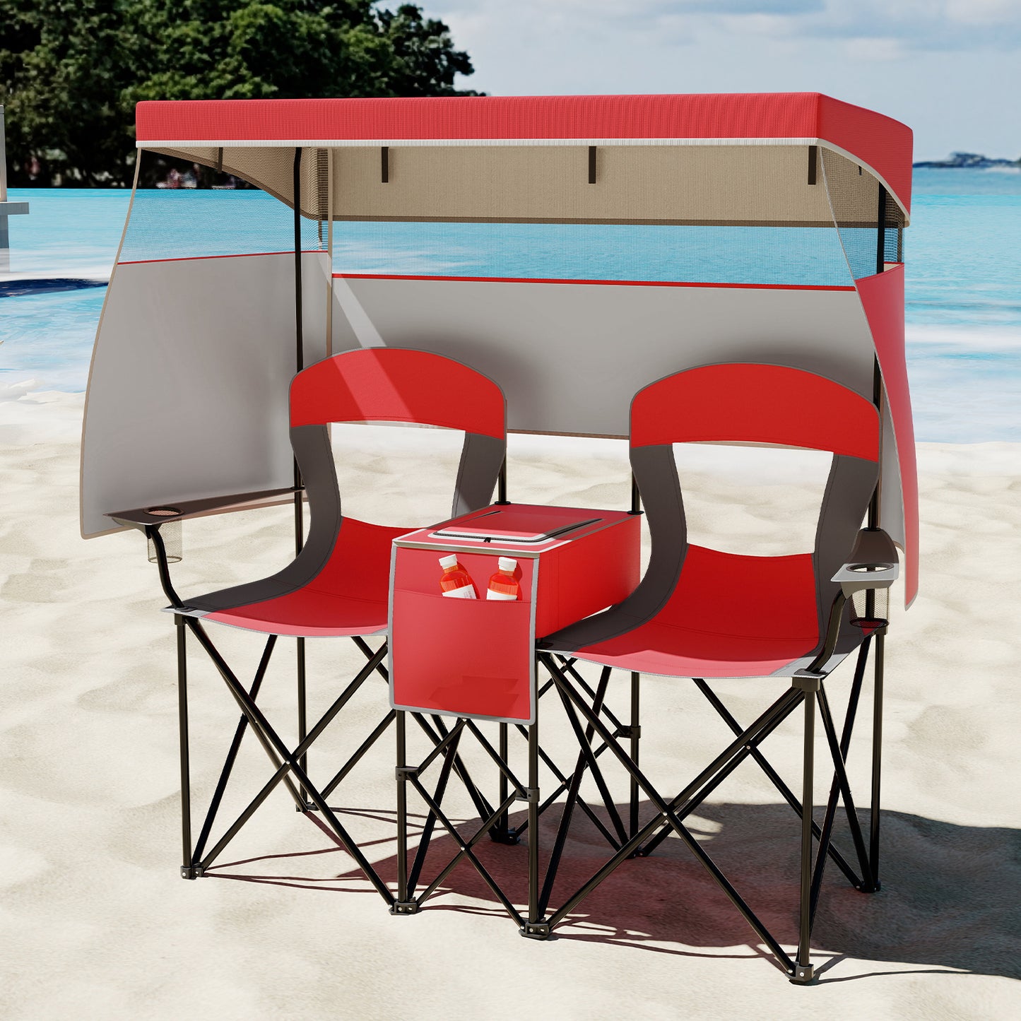 Double Beach Chair with Adjustable Canopy and Side Curtains
