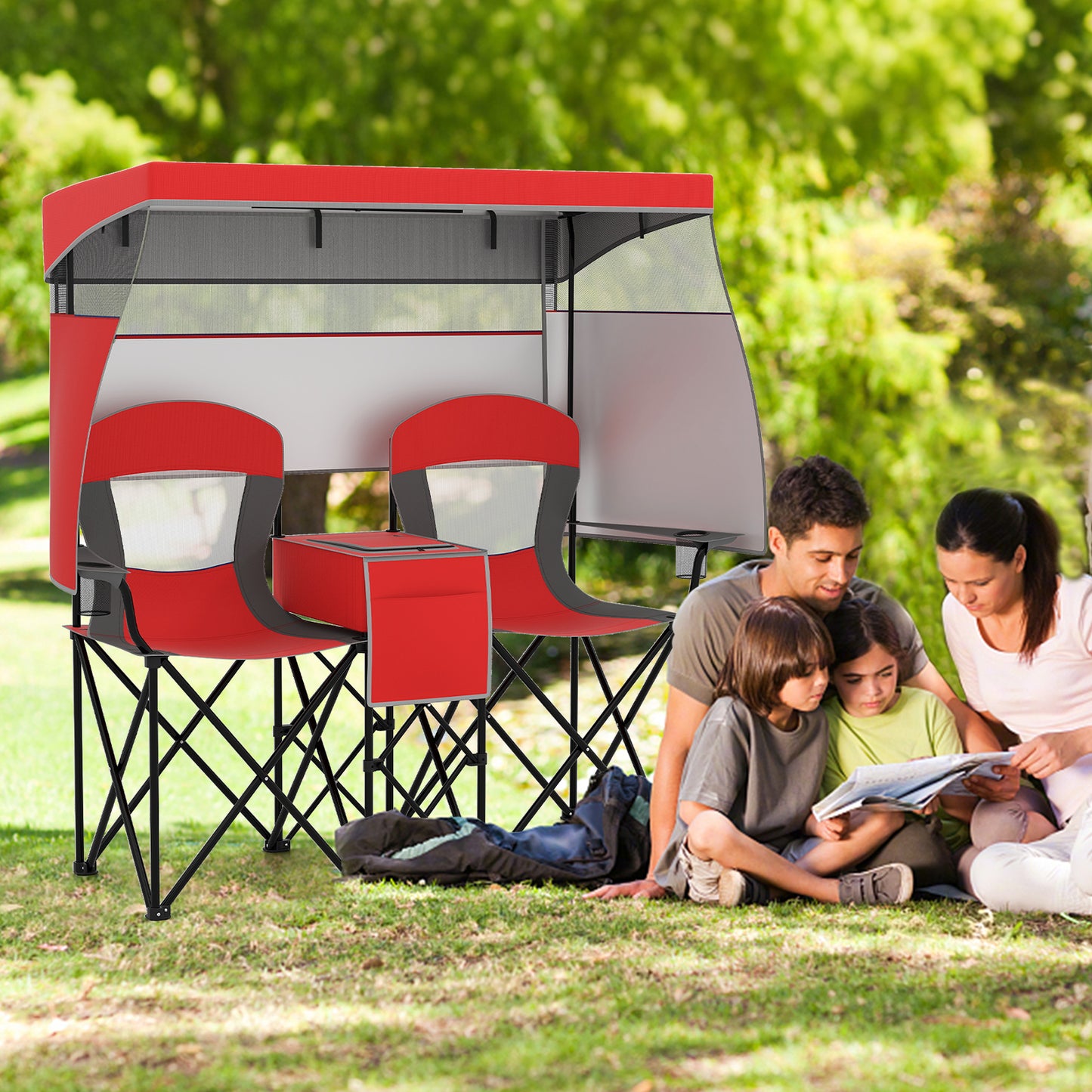 Double Beach Chair with Adjustable Canopy and Side Curtains