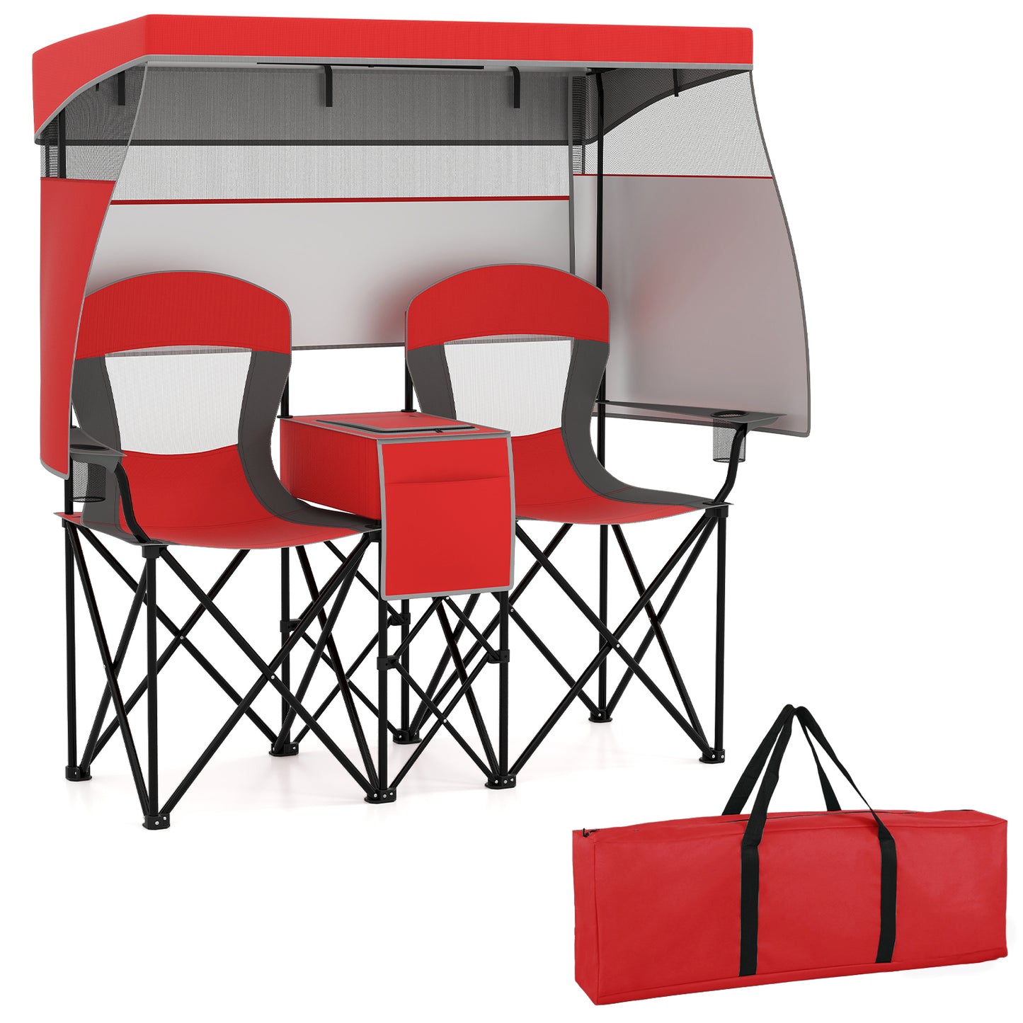 Double Beach Chair with Adjustable Canopy and Side Curtains