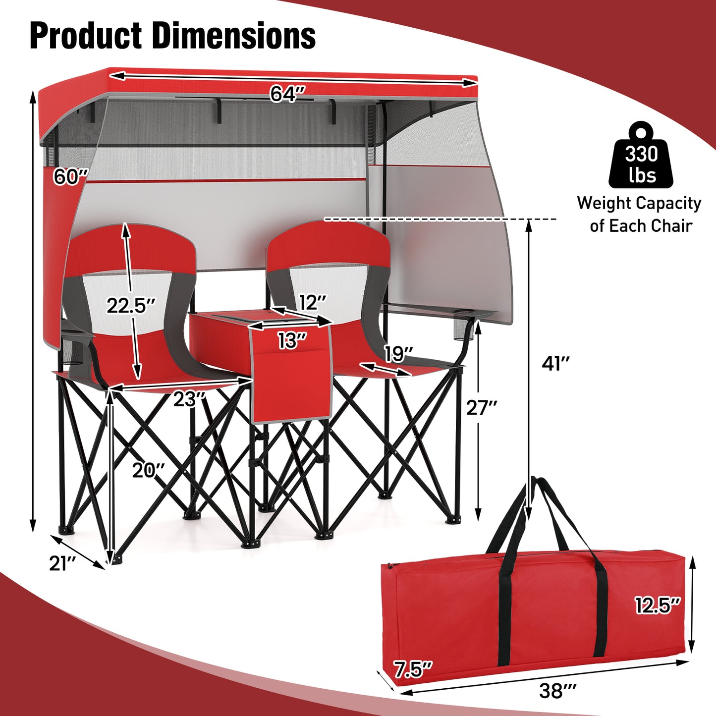 Double Beach Chair with Adjustable Canopy and Side Curtains