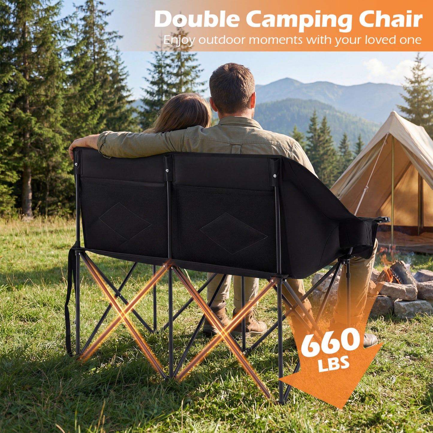 Double Camping Chair with Cup Holders and Storage Pockets