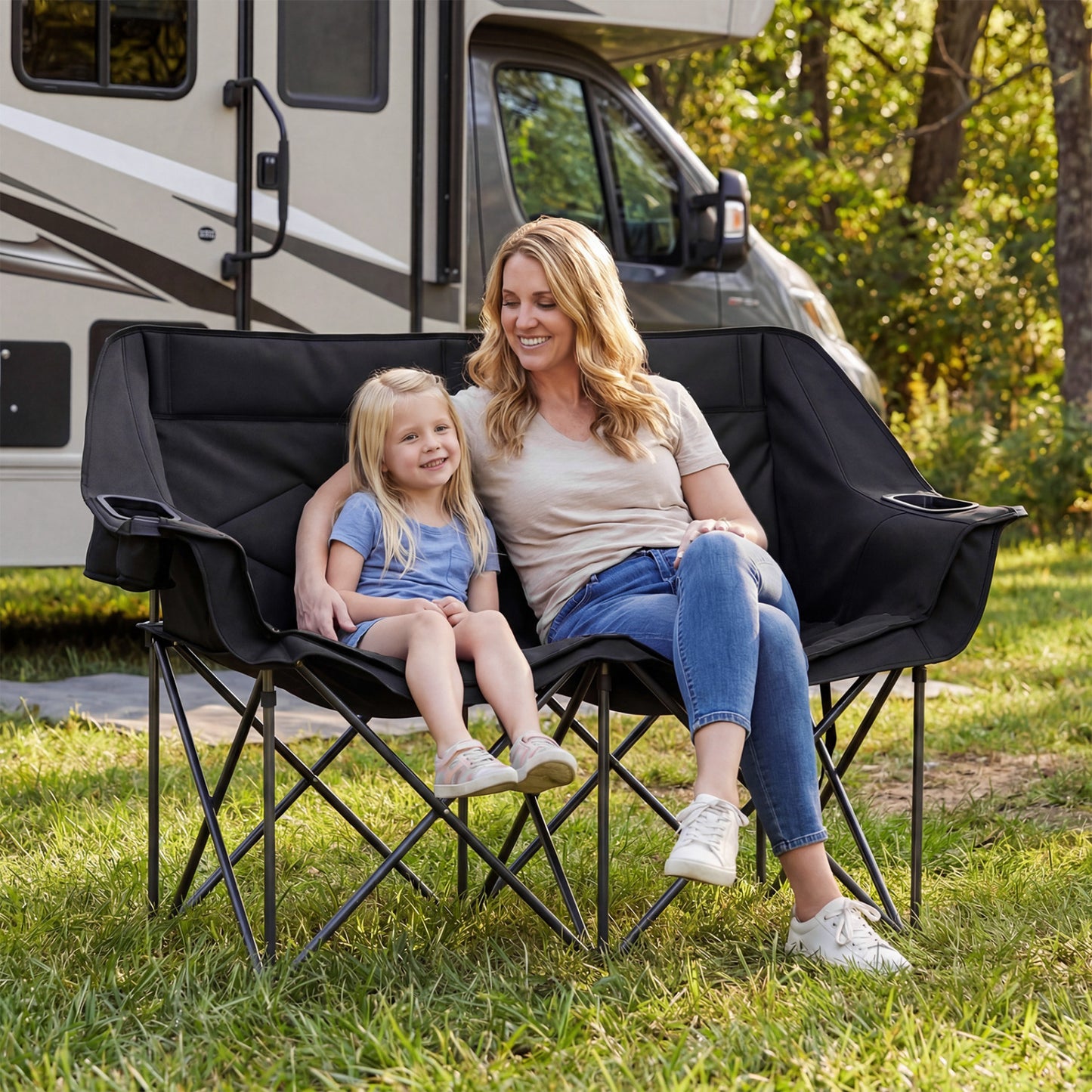 Double Camping Chair with Cup Holders and Storage Pockets