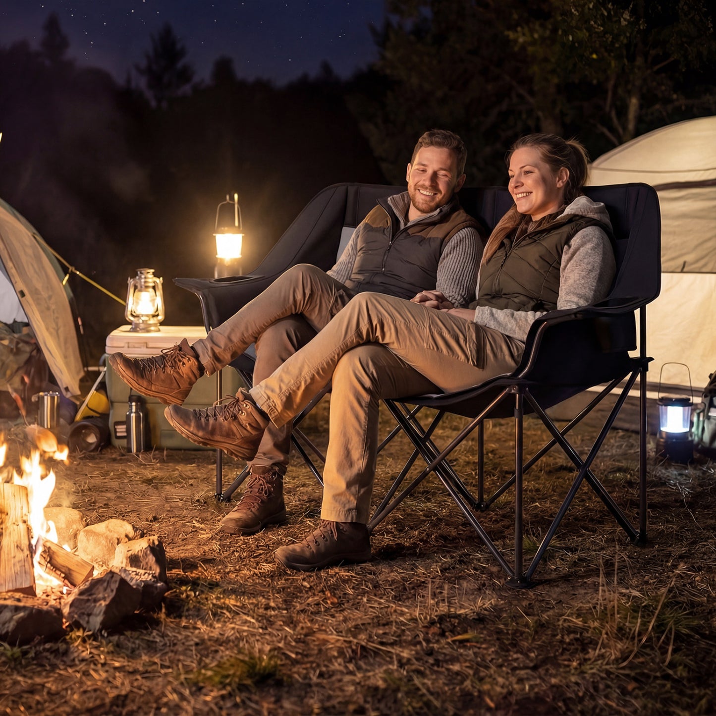 Double Camping Chair with Cup Holders and Storage Pockets