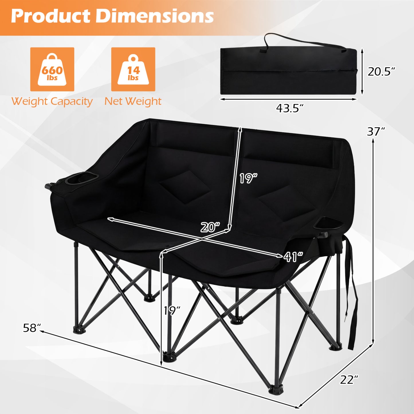 Double Camping Chair with Cup Holders and Storage Pockets