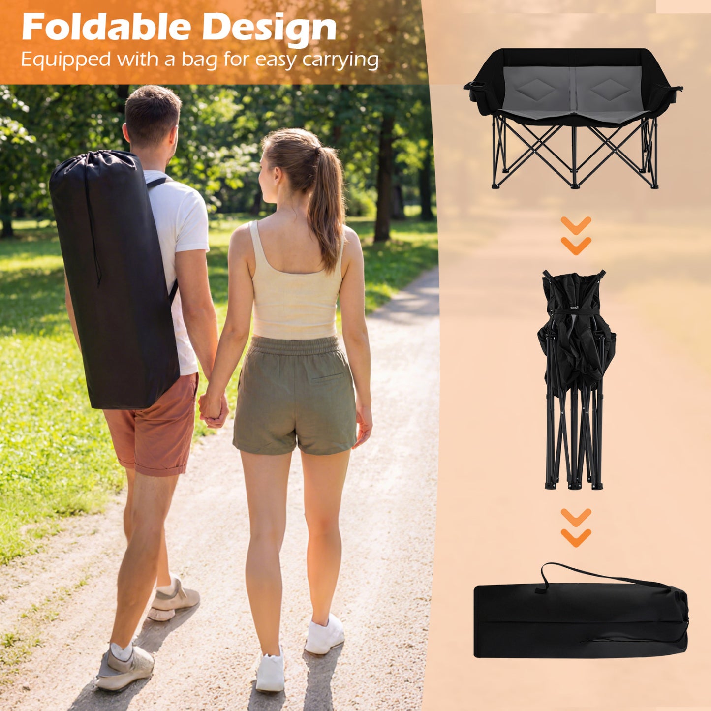 Double Camping Chair with Cup Holders and Storage Pockets